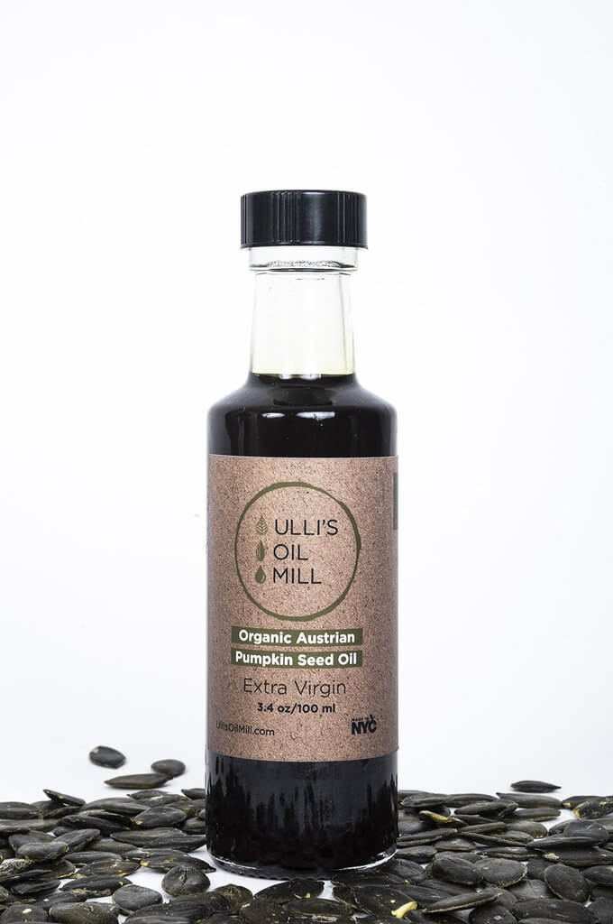 Bottle of Ulli's organic Austrian extra virgin pumpkin seed oil