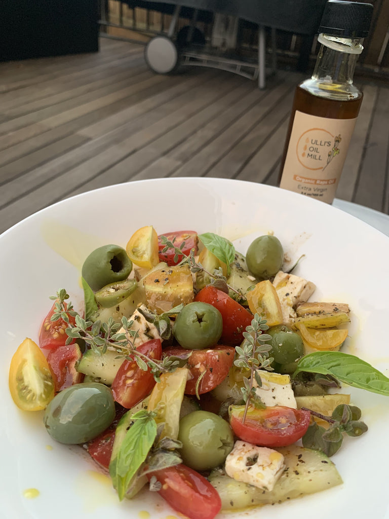 Greek summer salad dressed with Ulli's cold-pressed rapeseed oil
