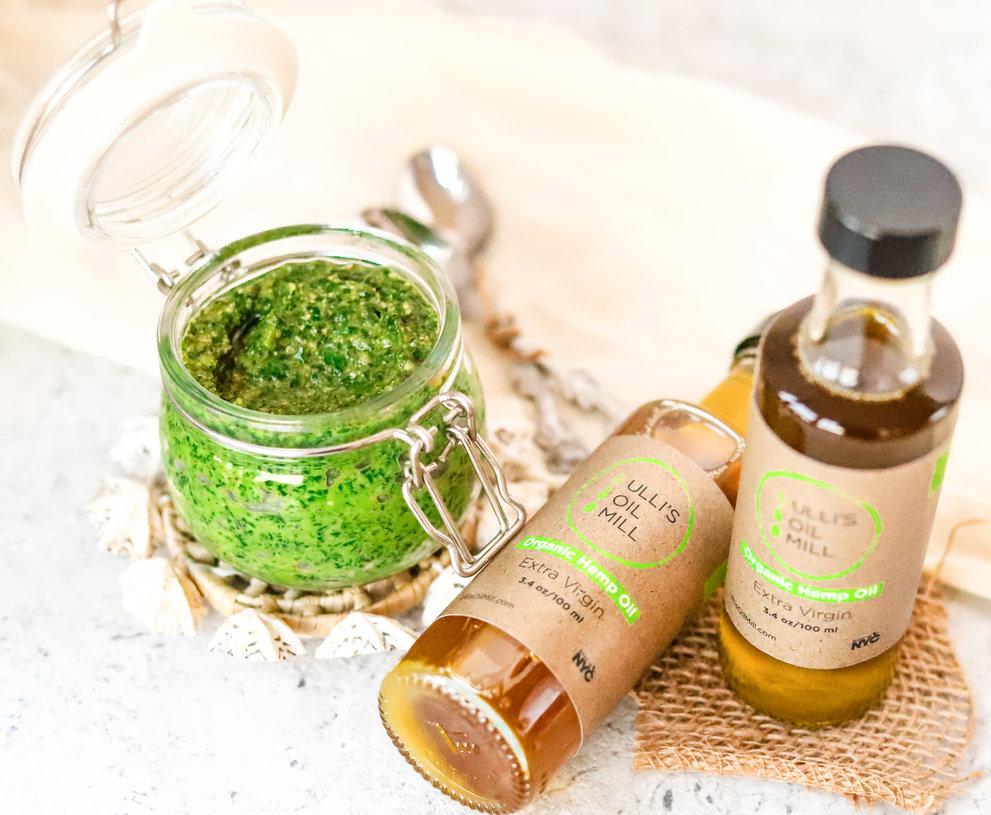 Hemp seed pesto made with Ulli's cold-pressed hemp oil