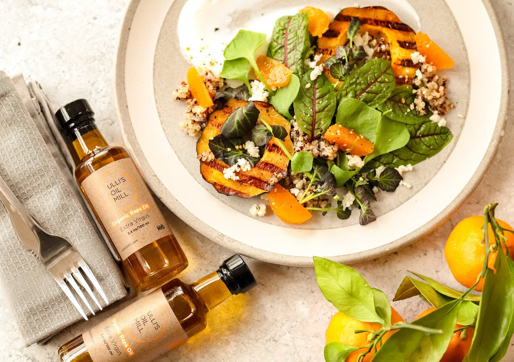 Quinoa, butternut squash and mangold salad with rapeseed oil