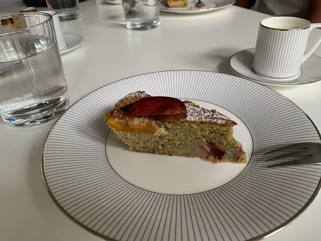 Austrian summer stone fruit cake made with pumpkin protein powder